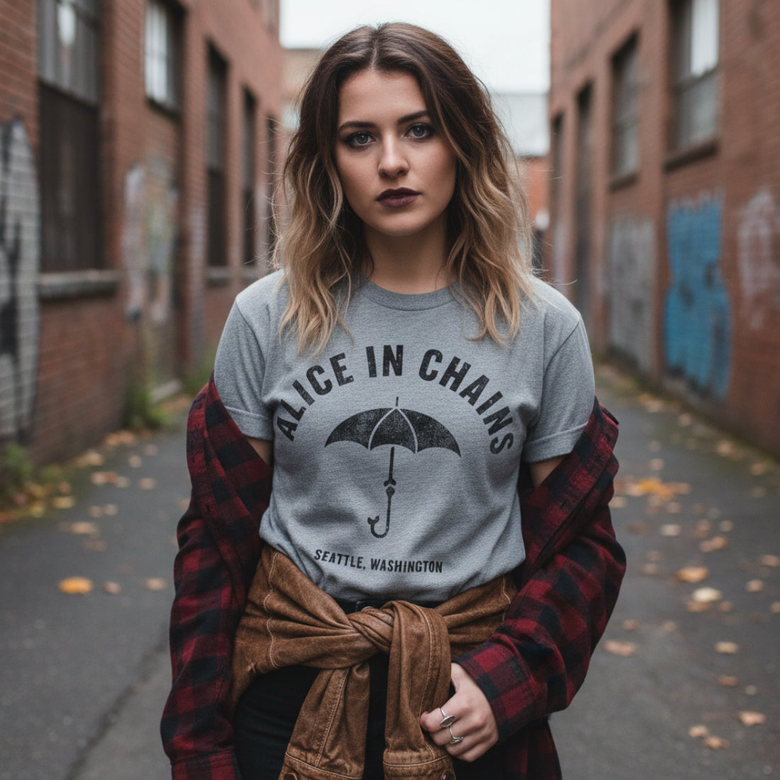 WOMAN WEARING ALICE IN CHAINS LOGO SEATTLE SHIRT AIC518S, AIC518M, AIC518L, AIC518XL, AIC518XXL, AIC518XXXL, AIC518XXXXL, AIC518XXXXXL