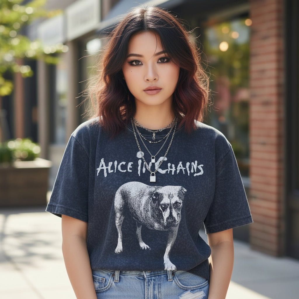 WOMAN WEARING ALICE IN CHAINS DOG TEE AIC517-MINWSHS, AIC517-MINWSHM, AIC517-MINWSHL, AIC517-MINWSHXL, AIC517-MINWSHXXL