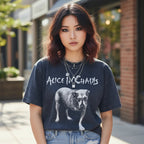 WOMAN WEARING ALICE IN CHAINS DOG TEE AIC517-MINWSHS, AIC517-MINWSHM, AIC517-MINWSHL, AIC517-MINWSHXL, AIC517-MINWSHXXL