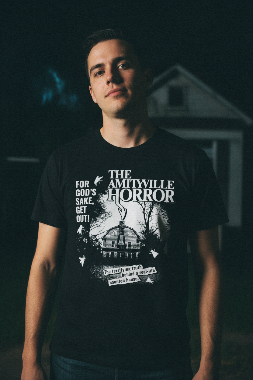 MAN WEARING AMITYVILLE HORROR TEE AH517S, AH517M, AH517L, AH517XL, AH517XXL, AH517XXXL, AH517XXXXL, AH517XXXXXL