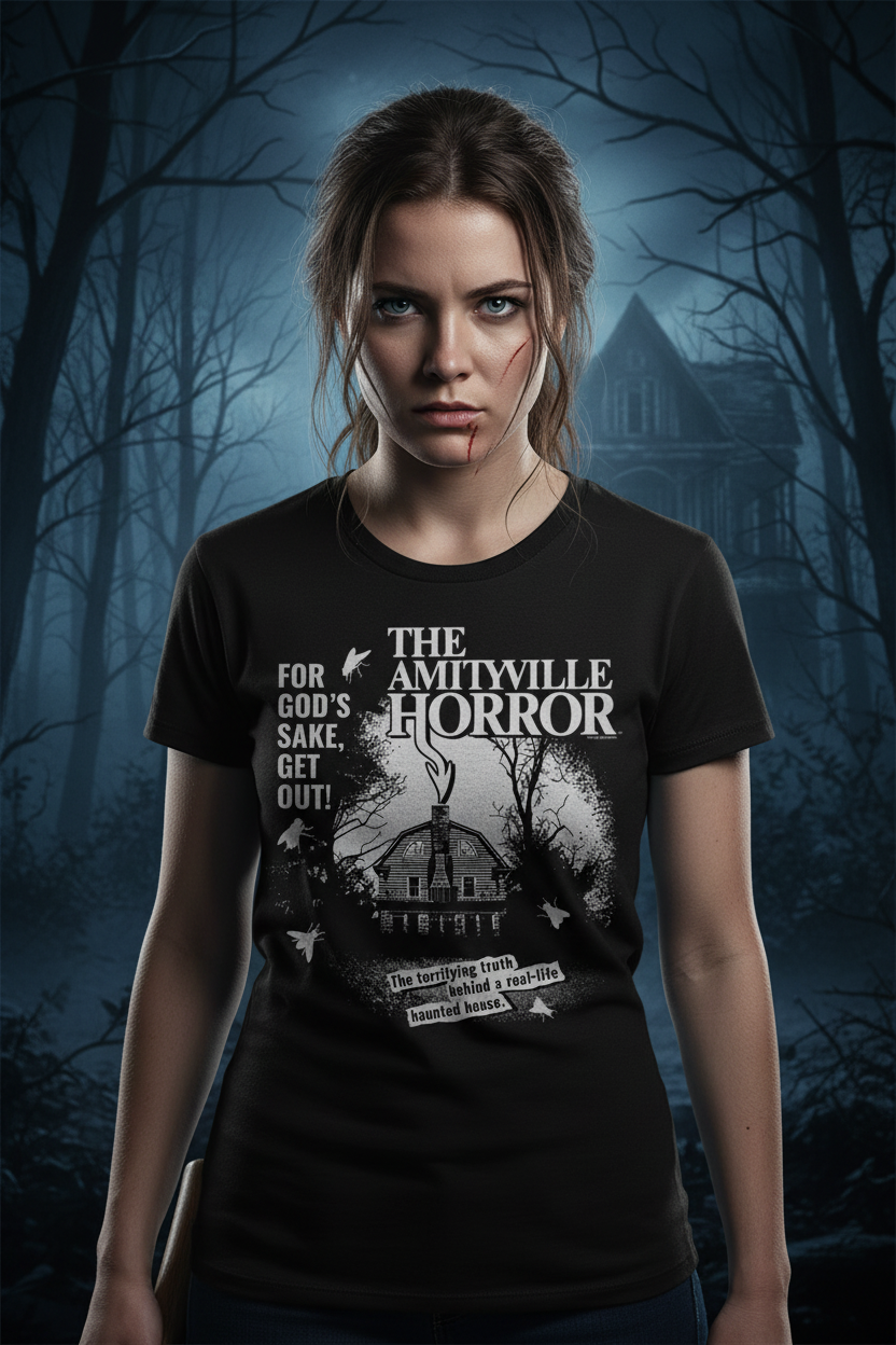 GIRL WEARING AMITYVILLE HORROR JUNIORS TEE AH517-301S, AH517-301M, AH517-301L, AH517-301XL, AH517-301XXL