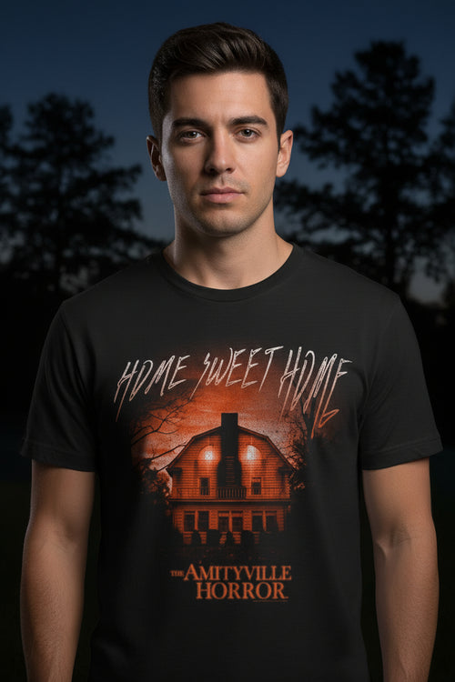 MAN WEARING AMITYVILLE HORROR TEE AH505S, AH505M, AH505L, AH505XL, AH505XXL, AH505XXXL, AH505XXXXL, AH505XXXXXL