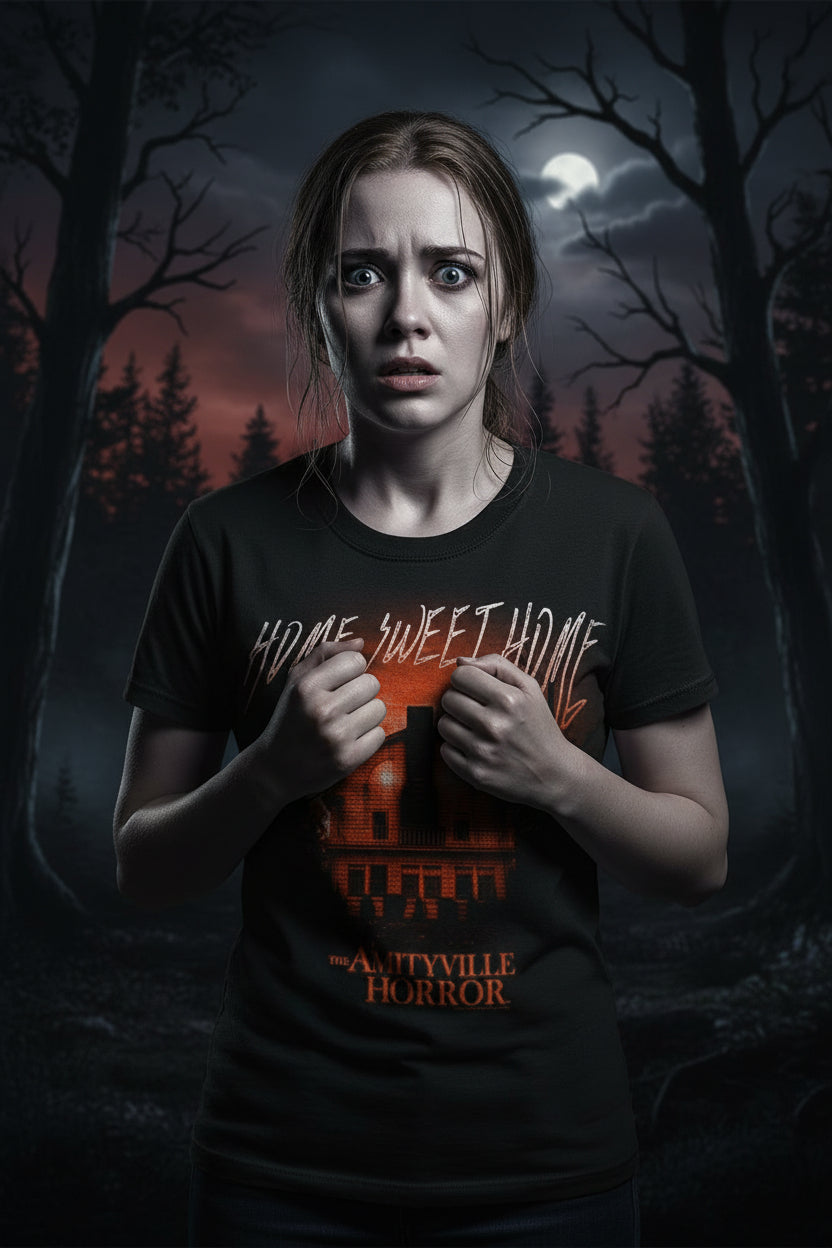 GIRL WEARING AMITYVILLE HORROR TEE AH505S, AH505M, AH505L, AH505XL, AH505XXL, AH505XXXL, AH505XXXXL, AH505XXXXXL