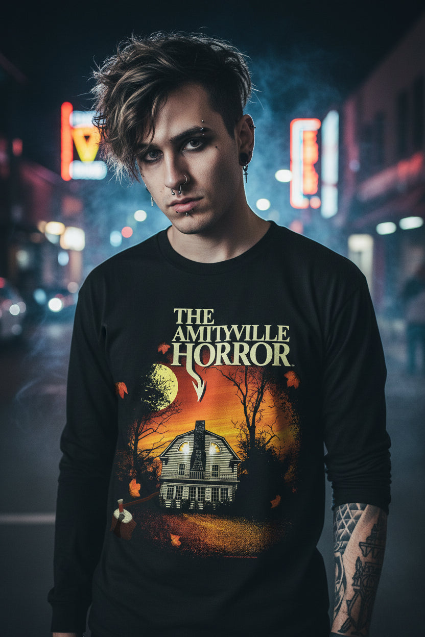 MAN WEARING AMITYVILLE HORROR LONG SLEEVE SHIRT AH508-206S, AH508-206M, AH508-206L, AH508-206XL, AH508-206XXL