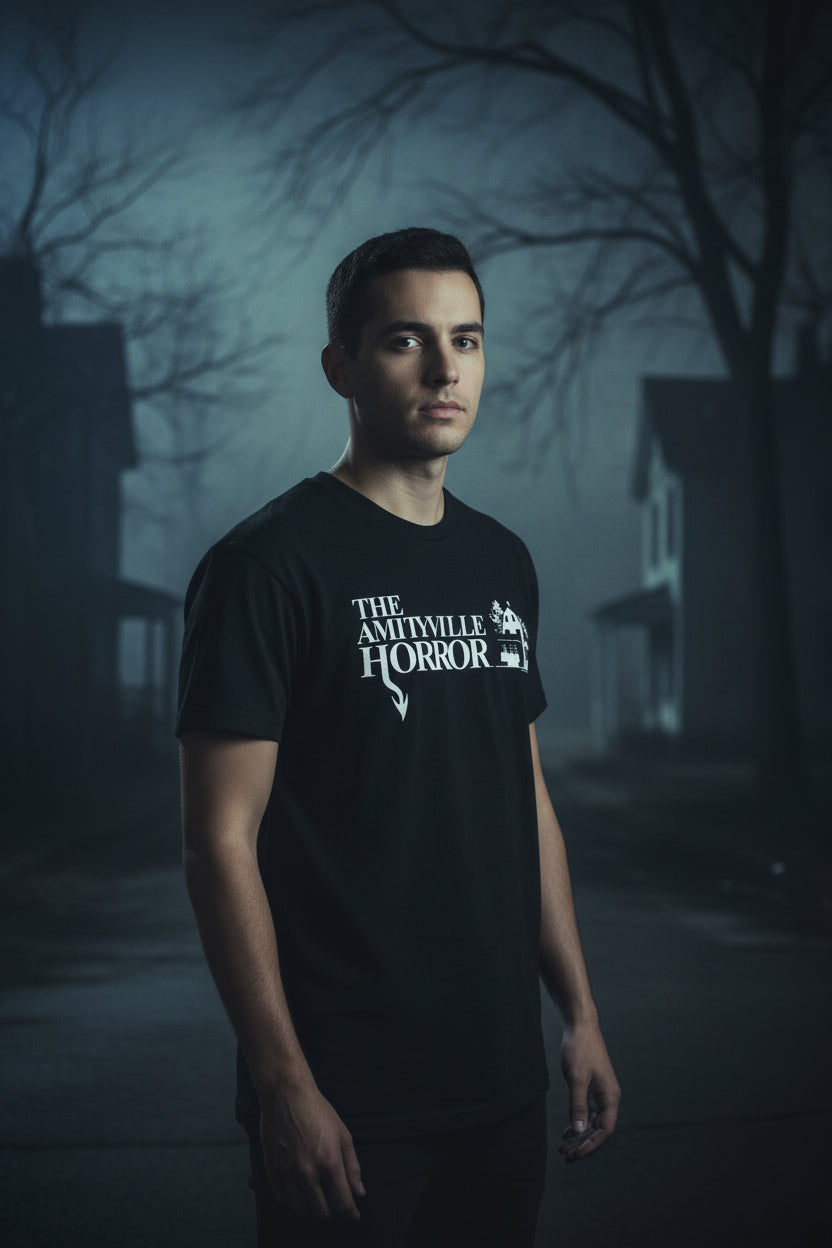 MAN WEARING AMITYVILLE HORROR TEE  AH506S, AH506M, AH506L, AH506XL, AH506XXL, AH506XXXL, AH506XXXXL, AH506XXXXXL