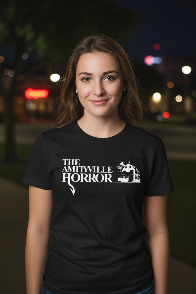 WOMAN WEARING AMITYVILLE HORROR TEE AH506S, AH506M, AH506L, AH506XL, AH506XXL, AH506XXXL, AH506XXXXL, AH506XXXXXL