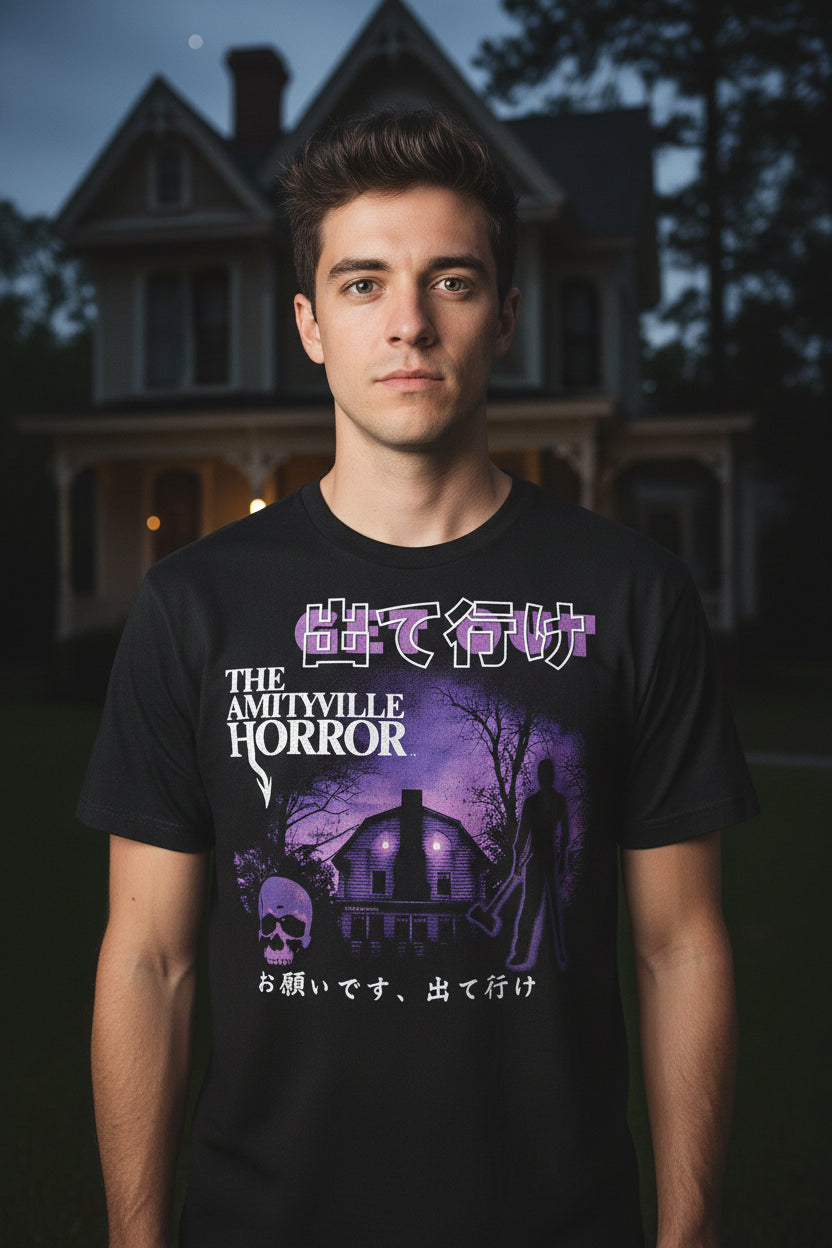 MAN WEARING AMITYVILLE HORROR TEE AH520S, AH520M, AH520L, AH520XL, AH520XXL, AH520XXXL, AH520XXXXL, AH520XXXXXL