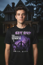MAN WEARING AMITYVILLE HORROR TEE AH520S, AH520M, AH520L, AH520XL, AH520XXL, AH520XXXL, AH520XXXXL, AH520XXXXXL