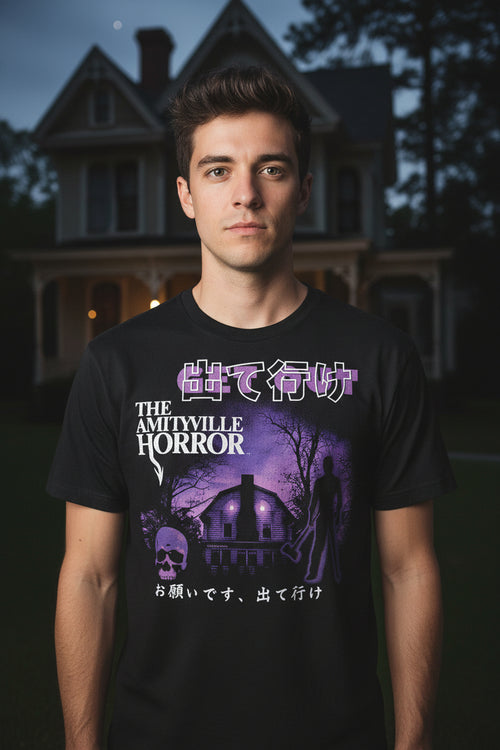 MAN WEARING AMITYVILLE HORROR TEE AH520S, AH520M, AH520L, AH520XL, AH520XXL, AH520XXXL, AH520XXXXL, AH520XXXXXL
