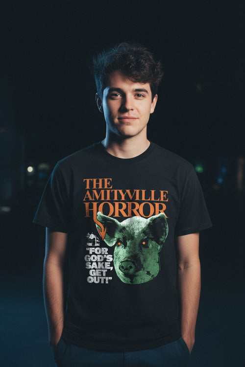 MAN WEARING AMITYVILLE HORROR TEE AH510S, AH510M, AH510L, AH510XL, AH510XXL, AH510XXXL, AH510XXXXL, AH510XXXXXL