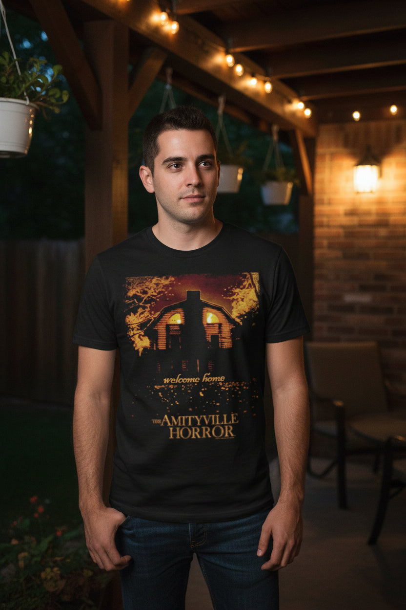 MAN WEARING AMITYVILLE HORROR TEE AH501S, AH501M, AH501L, AH501XL, AH501XXL, AH501XXXL, AH501XXXXL, AH501XXXXXL
