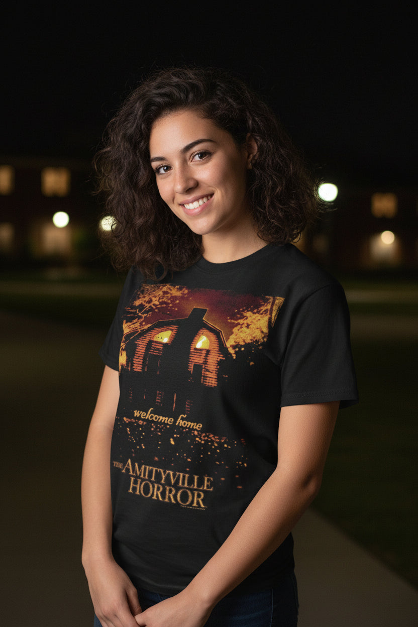 WOMAN WEARING AMITYVILLE HORROR TEE AH501S, AH501M, AH501L, AH501XL, AH501XXL, AH501XXXL, AH501XXXXL, AH501XXXXXL