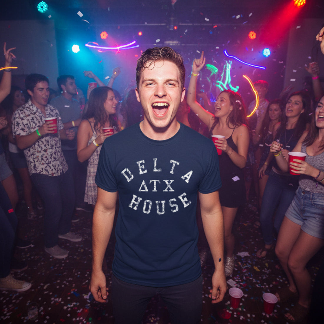 DUDE WEARING ANIMAL HOUSE TEE ANM502-01S, ANM502-01M, ANM502-01L, ANM502-01XL, ANM502-01XXL, ANM502-01XXXL, ANM502-01XXXXL, ANM502-01XXXXXL