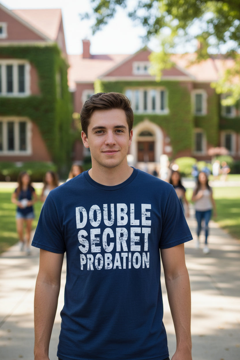 MAN WEARING ANIMAL HOUSE DOUBLE SECRET PROBATION TEE ANM523-01S, ANM523-01M, ANM523-01L, ANM523-01XL, ANM523-01XXL, ANM523-01XXXL, ANM523-01XXXXL, ANM523-01XXXXXL