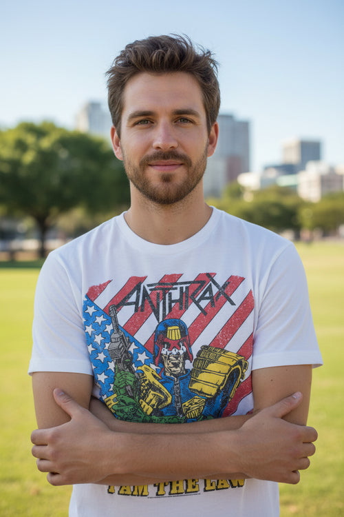 MAN WEARING ANTHRAX I AM THE LAW TEE ATX508S, VATX508M, ATX508L, ATX508XL, ATX508XXL, ATX508XXXL, ATX508XXXXL, ATX508XXXXXL