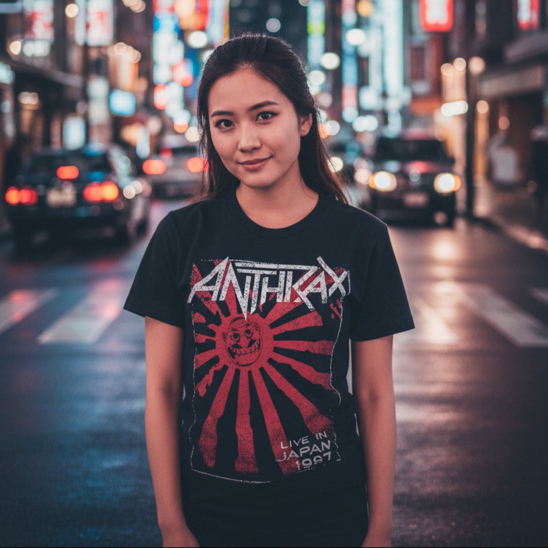 WOMAN WEARING Black t-shirt with Anthrax graphic design ATX503S, ATX503M, ATX503L, ATX503XL, ATX503XXL, ATX503XXXL, ATX503XXXXL, ATX503XXXXXL
