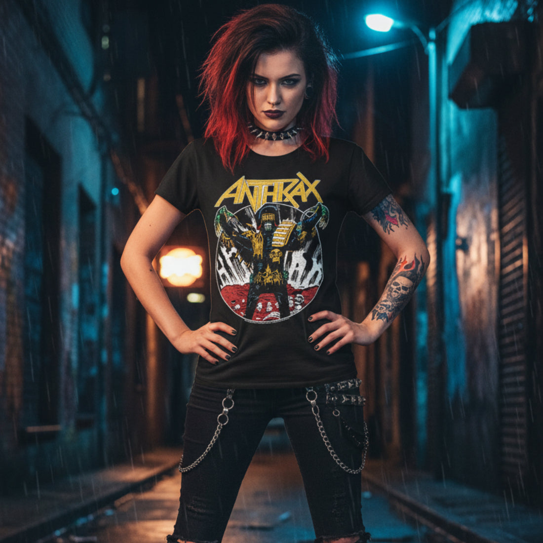 WOMAN WEARING Black t-shirt with Anthrax band graphic designATX509S, ATX509M, ATX509L, ATX509XL, ATX509XXL, ATX509XXXL, ATX509XXXXL, ATX509XXXXXL