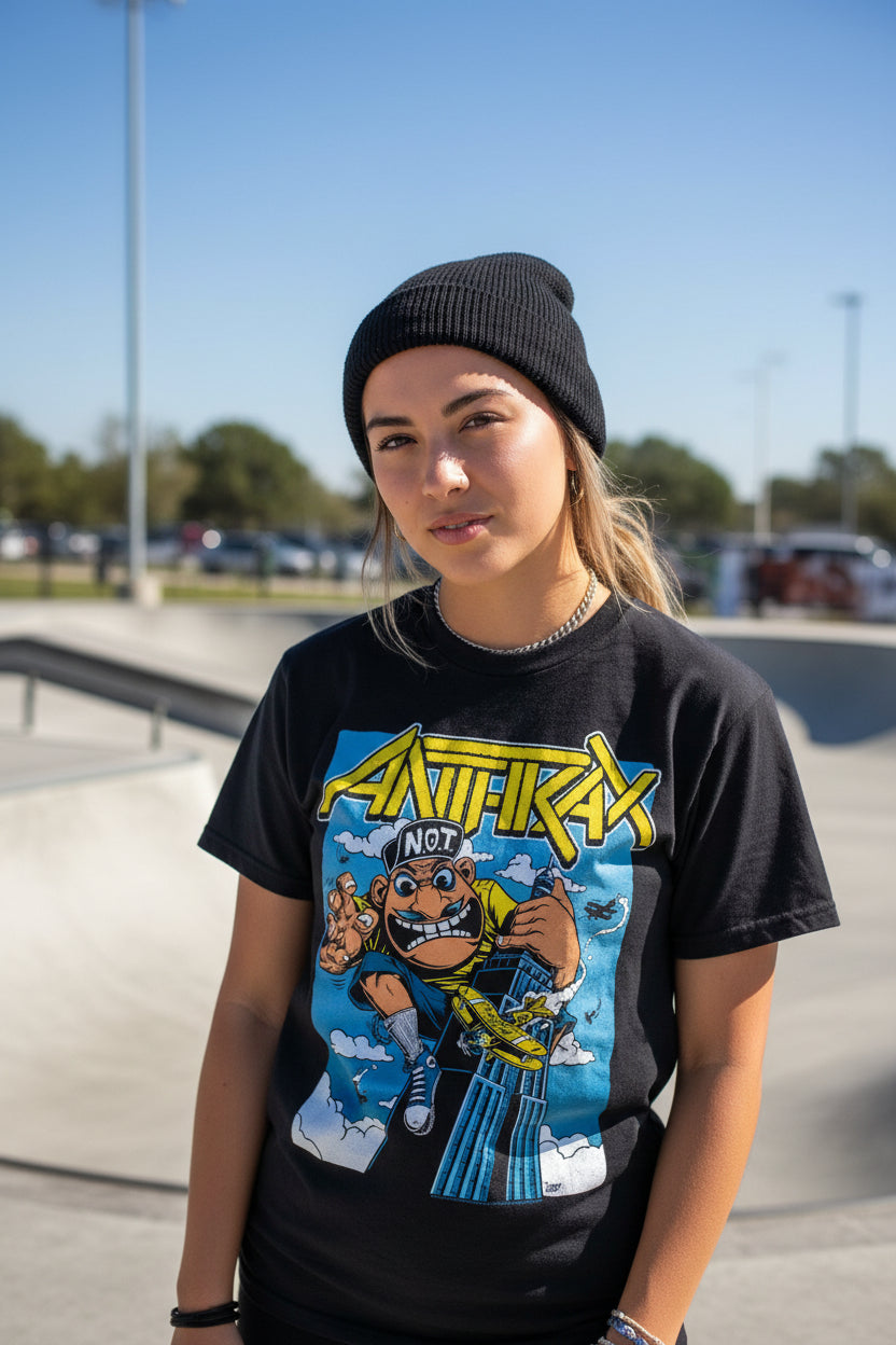 GIRL WEARING ANTHRAX TEE ATX502S, ATX502M, ATX502L, ATX502XL, ATX502XXL, ATX502XXXL, ATX502XXXXL, ATX502XXXXXL