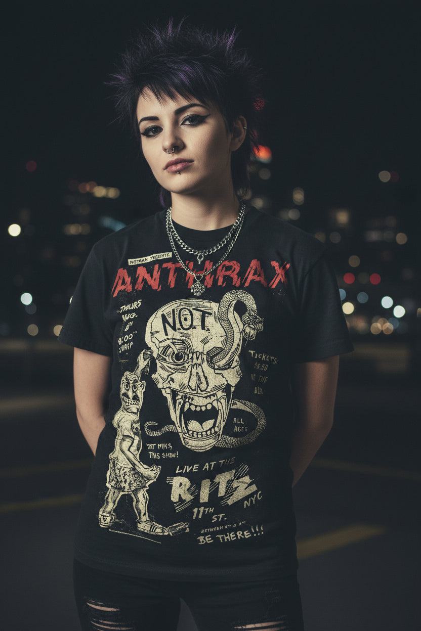 WOMAN WEARING ANTHRAX TEE ATX511S, ATX511M, ATX511L, ATX511XL, ATX511XXL, ATX511XXXL, ATX511XXXXL, ATX511XXXXXL