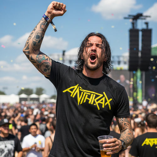 Man at a concert wearing an Anthrax t-shirt, holding a beer. ATX506S, ATX506M, ATX506L, ATX506XL, ATX506XXL, ATX506XXXL, ATX506XXXXL, ATX506XXXXXL