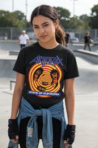 GIRL WEARING Black t-shirt with Anthrax 'State of Euphoria' graphic design ATX501S, ATX501M, ATX501L, ATX501XL, ATX501XXL, ATX501XXXL, ATX501XXXXL, ATX501XXXXXL