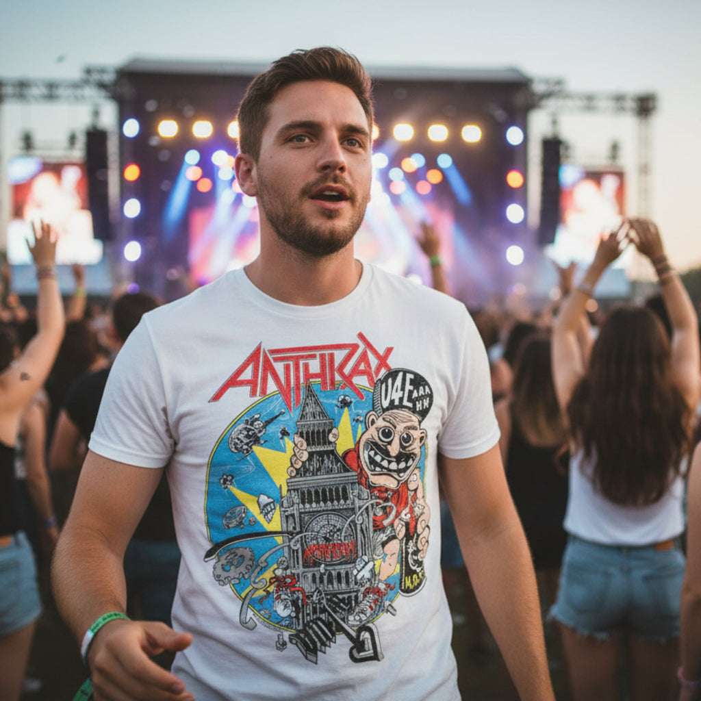 MAN WEARING ANTHRAX TEE ATX505S, ATX505M, ATX505L, ATX505XL, ATX505XXL, ATX505XXXL, ATX505XXXXL, ATX505XXXXXL