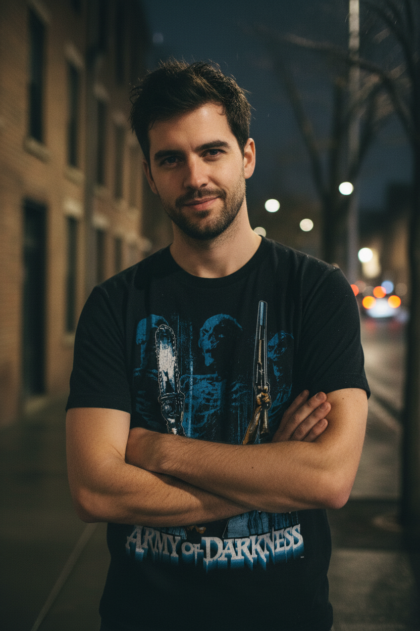 man wearing Black t-shirt with 'Army of Darkness' graphic design featuring a muscular figure and skeletons. AOD534S, AOD534M, AOD534L, AOD534XL, AOD534XXL, AOD534XXXL, AOD534XXXXL, AOD534XXXXXL