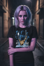 woman wearing Black t-shirt with 'Army of Darkness' graphic design featuring a muscular figure and skeletons. AOD534S, AOD534M, AOD534L, AOD534XL, AOD534XXL, AOD534XXXL, AOD534XXXXL, AOD534XXXXXL