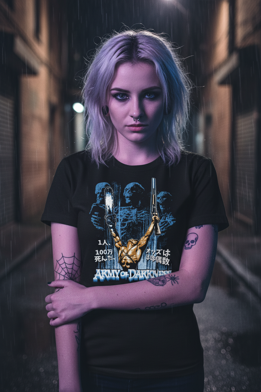 woman wearing Black t-shirt with 'Army of Darkness' graphic design featuring a muscular figure and skeletons. AOD534S, AOD534M, AOD534L, AOD534XL, AOD534XXL, AOD534XXXL, AOD534XXXXL, AOD534XXXXXL