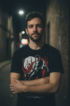 man wearing Black t-shirt with 'Army of Darkness' graphic design featuring a character with a chainsaw and red background. AOD535S, AOD535M, AOD535L, AOD535XL, AOD535XXL, AOD535XXXL, AOD535XXXXL, AOD535XXXXXL
