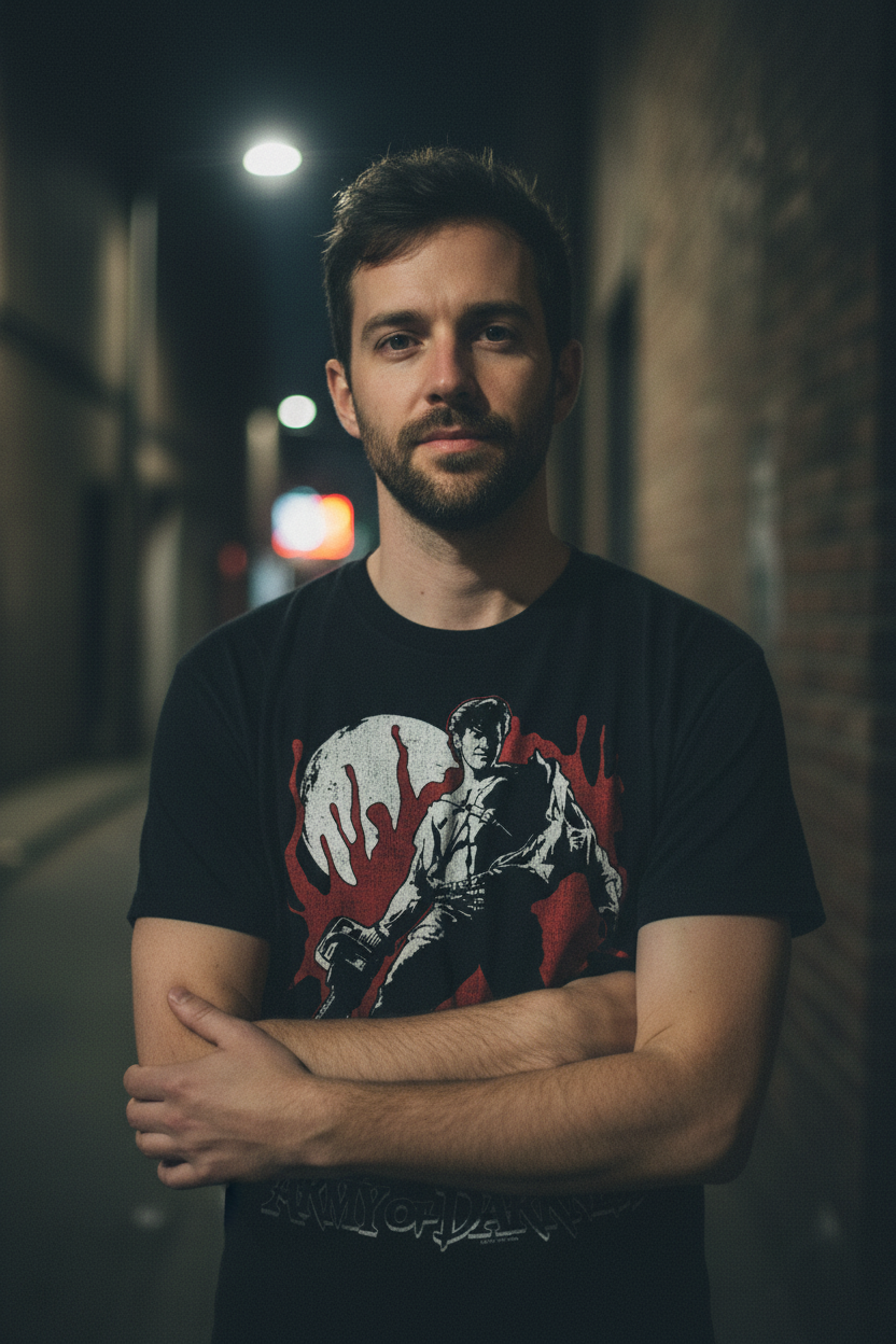 man wearing Black t-shirt with 'Army of Darkness' graphic design featuring a character with a chainsaw and red background. AOD535S, AOD535M, AOD535L, AOD535XL, AOD535XXL, AOD535XXXL, AOD535XXXXL, AOD535XXXXXL