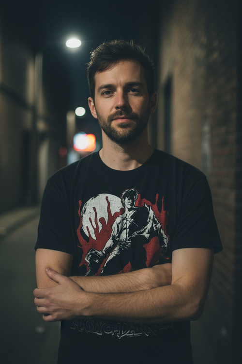 man wearing Black t-shirt with 'Army of Darkness' graphic design featuring a character with a chainsaw and red background. AOD535S, AOD535M, AOD535L, AOD535XL, AOD535XXL, AOD535XXXL, AOD535XXXXL, AOD535XXXXXL