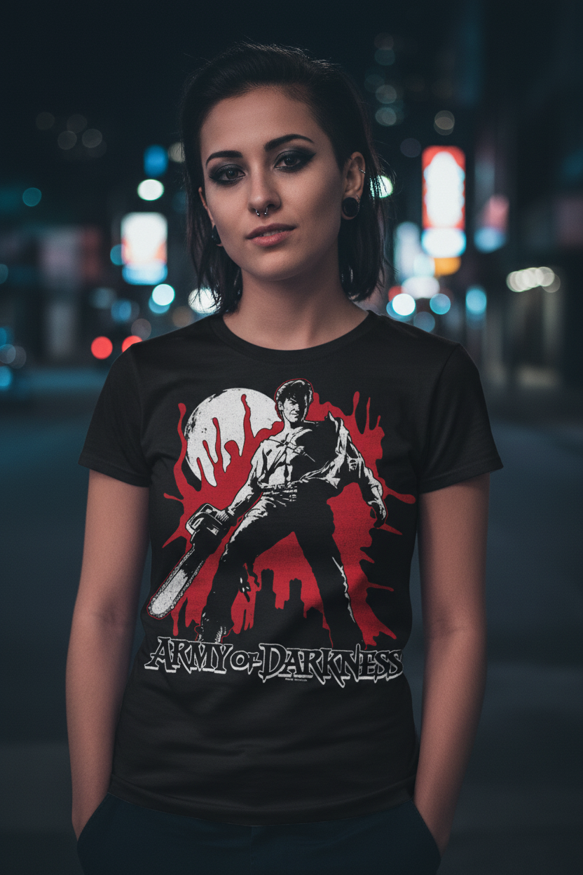 woman wearing Black t-shirt with 'Army of Darkness' graphic design featuring a character with a chainsaw and red background. AOD535S, AOD535M, AOD535L, AOD535XL, AOD535XXL, AOD535XXXL, AOD535XXXXL, AOD535XXXXXL