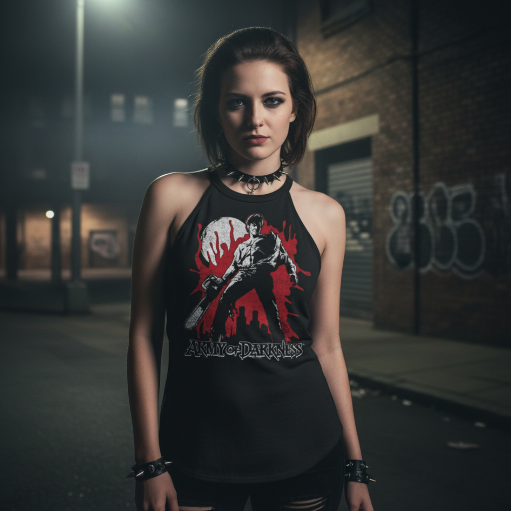 GIRL WEARING Black tank top with 'Army of Darkness' graphic designAOD535-137S, AOD535-137M, AOD535-137L, AOD535-137XL, AOD535-137XXL