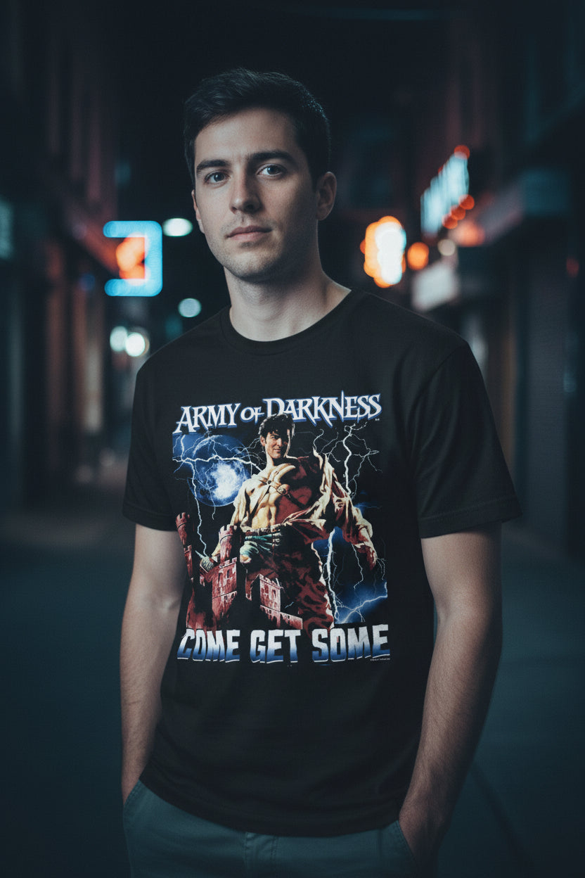 man wearing Black t-shirt with 'Army of Darkness' graphic design featuring a muscular figure and text. AOD537S, AOD537M, AOD537L, AOD537XL, AOD537XXL, AOD537XXXL, AOD537XXXXL, AOD537XXXXXL