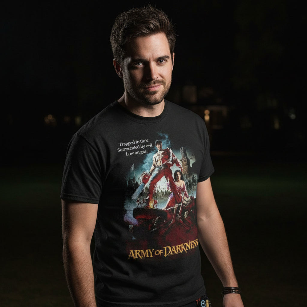 MAN WEARING ARMY OF DARKNESS POSTER SHIRT, AOD502S, AOD502M, AOD502L, AOD502XL, AOD502XXL, AOD502XXXL, AOD502XXXXL, AOD502XXXXXL