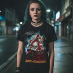 GIRL WEARING Black t-shirt with 'Army of Darkness' graphic design featuring a man and woman in a post-apocalyptic scene. AOD502S, AOD502M, AOD502L, AOD502XL, AOD502XXL, AOD502XXXL, AOD502XXXXL, AOD502XXXXXL