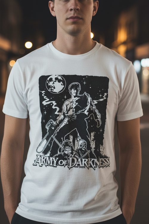 man wearing White t-shirt with 'Army of Darkness' graphic design featuring a silhouette of a character with a weapon. AOD533S, AOD533M, AOD533L, AOD533XL, AOD533XXL, AOD533XXXL, AOD533XXXXL, AOD533XXXXXL