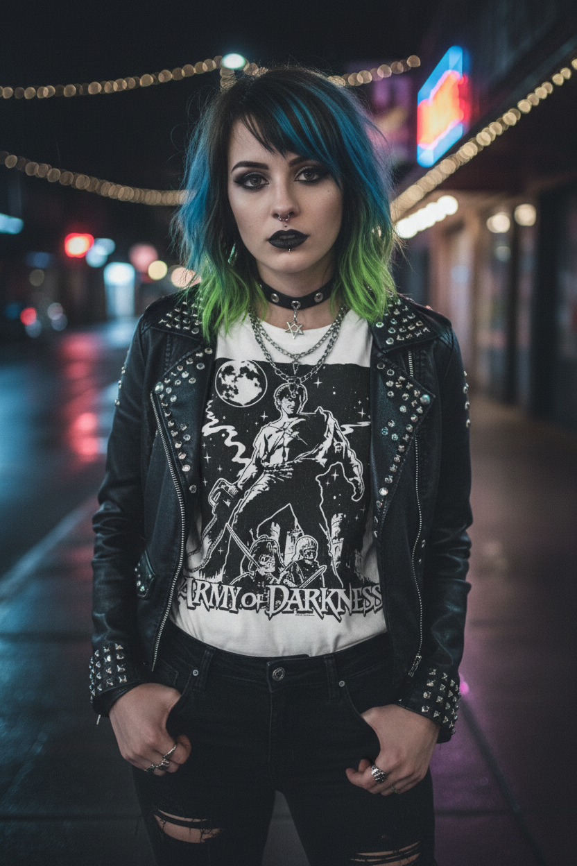 woman wearing White t-shirt with 'Army of Darkness' graphic design featuring a silhouette of a character with a weapon. AOD533S, AOD533M, AOD533L, AOD533XL, AOD533XXL, AOD533XXXL, AOD533XXXXL, AOD533XXXXXL