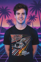 MAN WEARING Black t-shirt with 'Back to the Future' graphic design featuring a car and text. BTF5344S, BTF5344M, BTF5344L, BTF5344XL, BTF5344XXL, BTF5344XXXL, BTF5344XXXXL, BTF5344XXXXXL