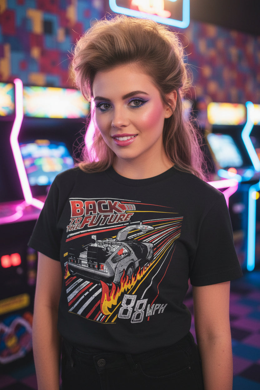 WOMAN WEARING Black t-shirt with 'Back to the Future' graphic design featuring a car and text. BTF5344S, BTF5344M, BTF5344L, BTF5344XL, BTF5344XXL, BTF5344XXXL, BTF5344XXXXL, BTF5344XXXXXL