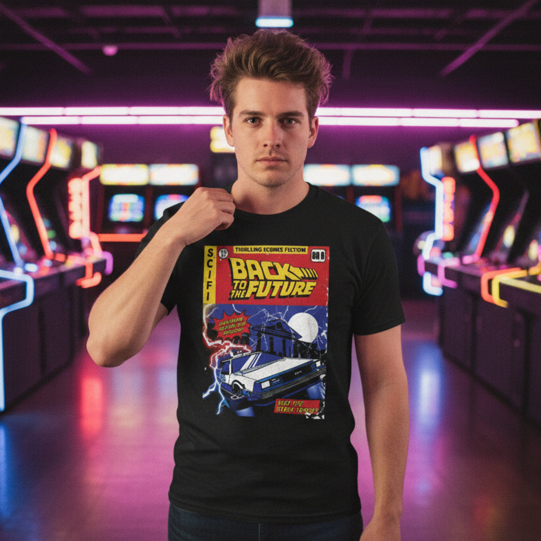 MAN WEARING BTTF TEE BTF5427S, BTF5427M, BTF5427L, BTF5427XL, BTF5427XXL, BTF5427XXXL, BTF5427XXXXL, BTF5427XXXXXL