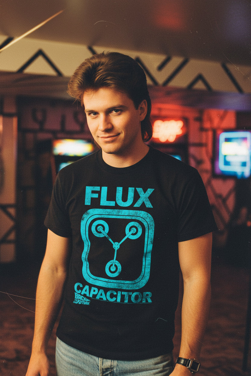 MAN WEARING Black t-shirt with blue 'Flux Capacitor' graphic and text BTF5242S, BTF5242M, BTF5242L, BTF5242XL, BTF5242XXL, BTF5242XXXL, BTF5242XXXXL, BTF5242XXXXXL