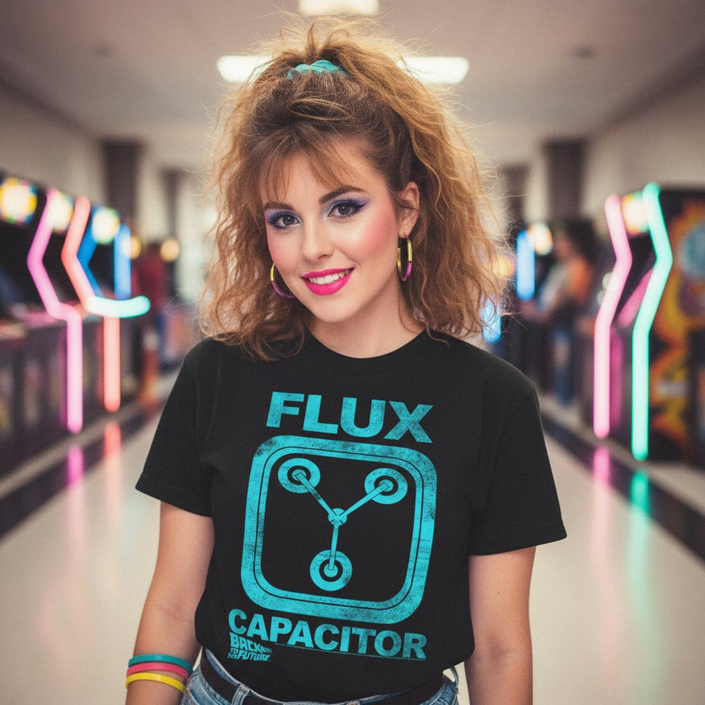 WOAMN WEARING Black t-shirt with blue 'Flux Capacitor' graphic and text BTF5242S, BTF5242M, BTF5242L, BTF5242XL, BTF5242XXL, BTF5242XXXL, BTF5242XXXXL, BTF5242XXXXXL