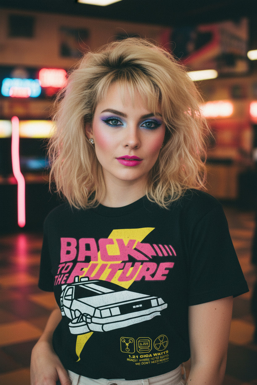 WOMAN WEARING BTTF TEE BTF5453S, BTF5453M, BTF5453L, BTF5453XL, BTF5453XXL, BTF5453XXXL, BTF5453XXXXL, BTF5453XXXXXL