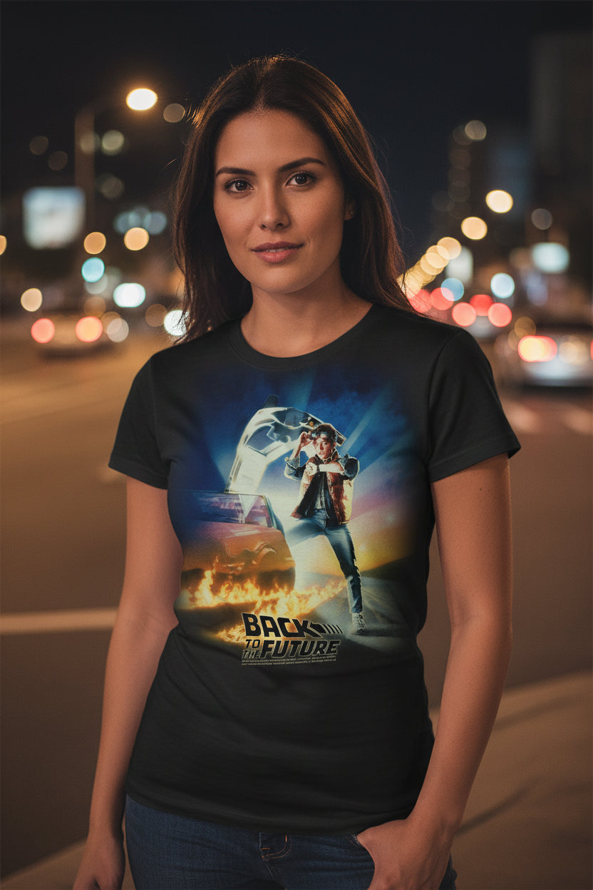 WOMAN WEARING Black t-shirt with 'Back to the Future' movie graphic featuring a character and DeLorean car. BTF5119S, BTF5119M, BTF5119L, BTF5119XL, BTF5119XXL, BTF5119XXXL, BTF5119XXXXL, BTF5119XXXXXL