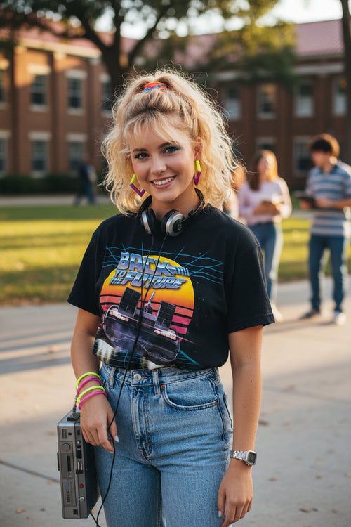 WOMAN WEARING BTTF TEE BTF5429S, BTF5429M, BTF5429L, BTF5429XL, BTF5429XXL, BTF5429XXXL, BTF5429XXXXL, BTF5429XXXXXL