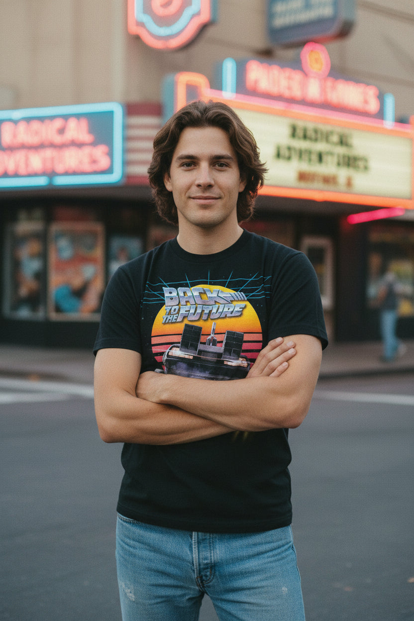MAN WEARING BTTF TEE BTF5429S, BTF5429M, BTF5429L, BTF5429XL, BTF5429XXL, BTF5429XXXL, BTF5429XXXXL, BTF5429XXXXXL
