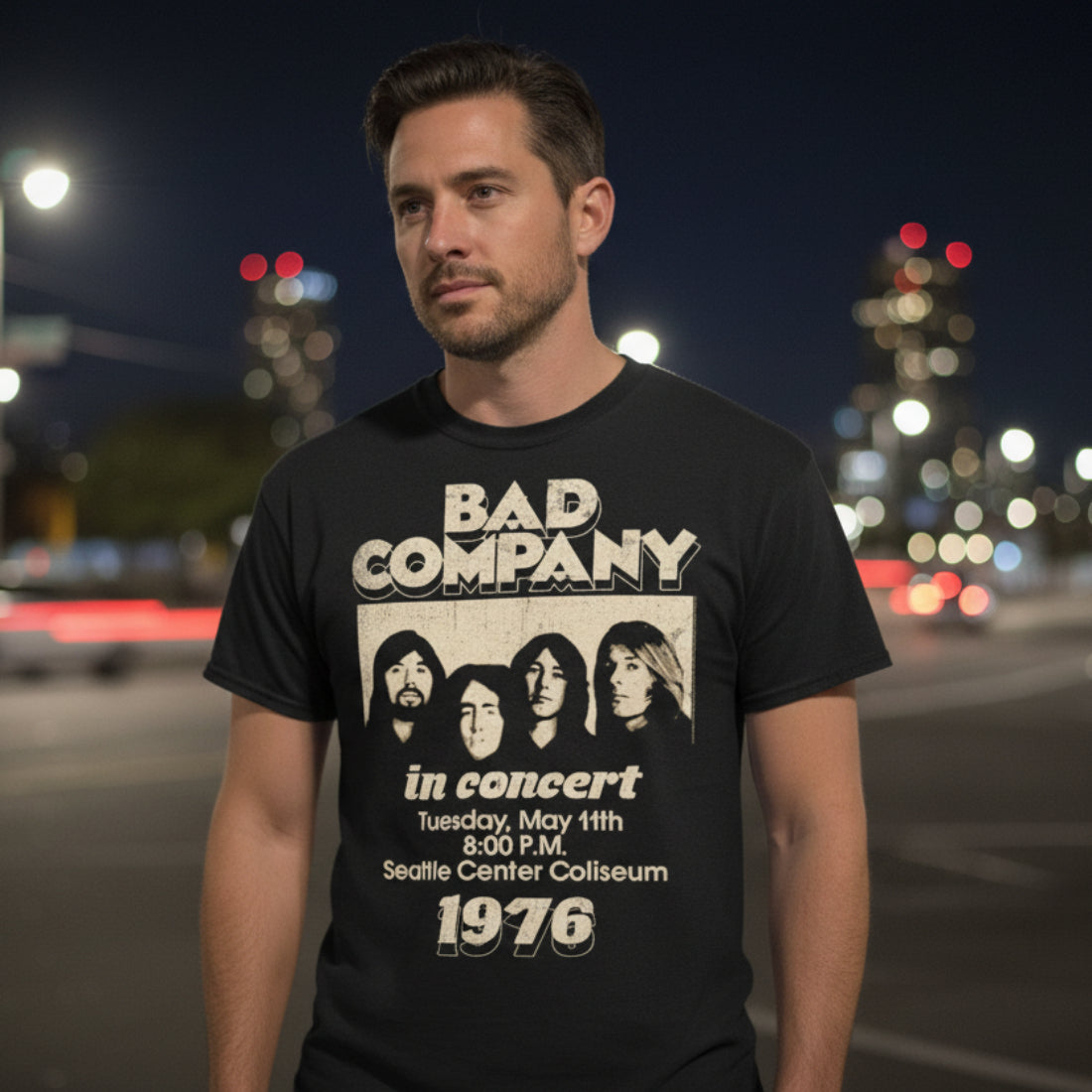 MAN WEARING BAD CO TEE BCO506S, BCO506M, BCO506L, BCO506XL, BCO506XXL, BCO506XXXL, BCO506XXXXL, BCO506XXXXXL
