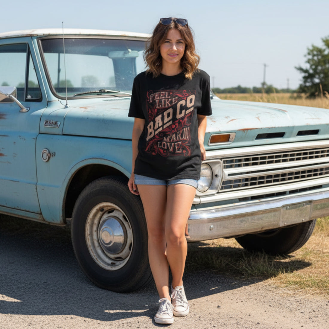 WOMAN WEARING BAD CO TEE BCO508S, BCO508M, BCO508L, BCO508XL, BCO508XXL, BCO508XXXL, BCO508XXXXL, BCO508XXXXXL